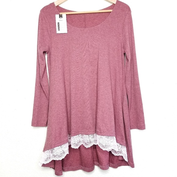 Ellies Tops - Ellie's Tunic Pink Rose Lace Trim High Low Small